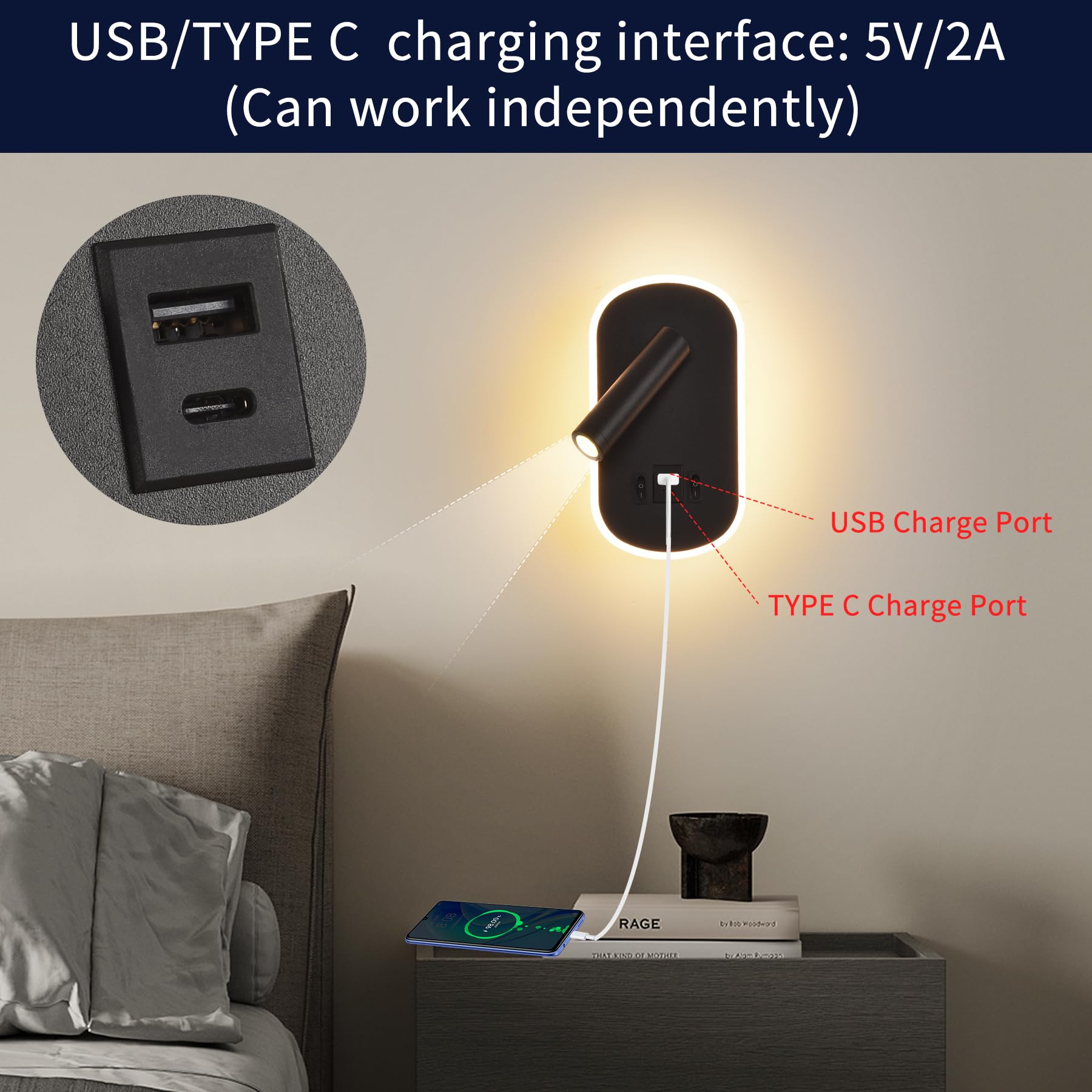 LED Liseuse de chevet,Applique Murale avec interrupteur,USB + TYPE C port de charge Luminaire Murale,3W 3000K + 9W 6000K éclairage d'ambiance de chambre à coucher,Spot réglable Lampe de Lecture Noir
