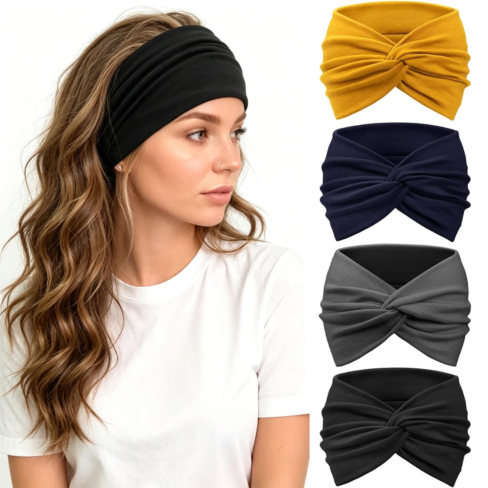 4 Pack Vintage Wide Headbands for Women, Soft Elastic Non Slip Retro Hair Bands Fashion Hair Accessories for Daily Workout-image-1