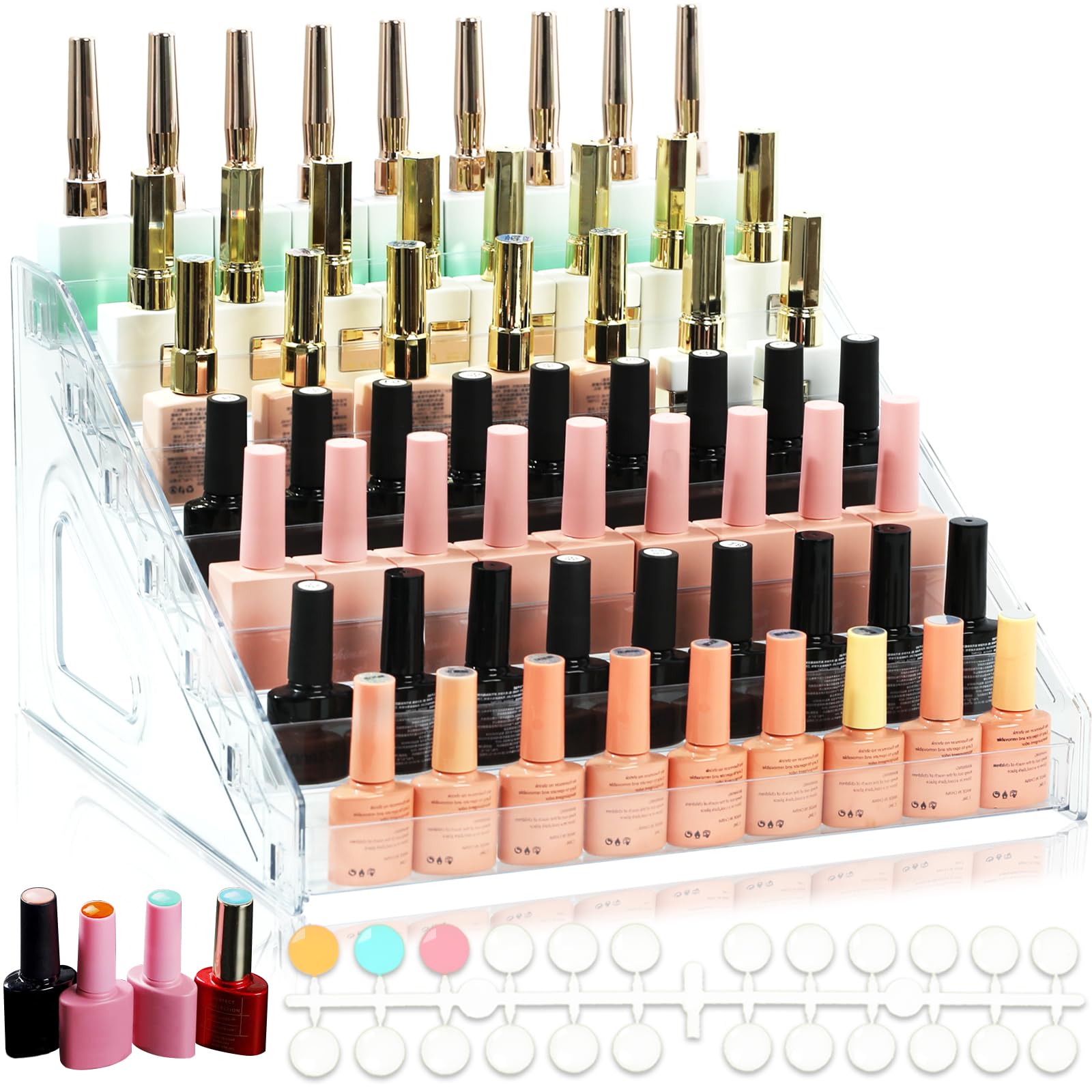 Organizador de esmalte de uñas, 84 botellas de 7 capas, estante de exhibición de acrílico para esmalte de uñas con 120 puntas de v