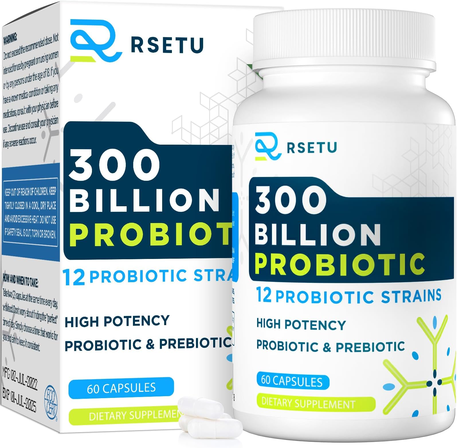 Probiotics for Women Men: 300 Billion CFU Probiotic High Potency + 12 Strains Organic Probiotics with Prebiotics, Daily Probiotic Supplement for Digestive, Gut, Immune and Bloating Health, 60 Capsules