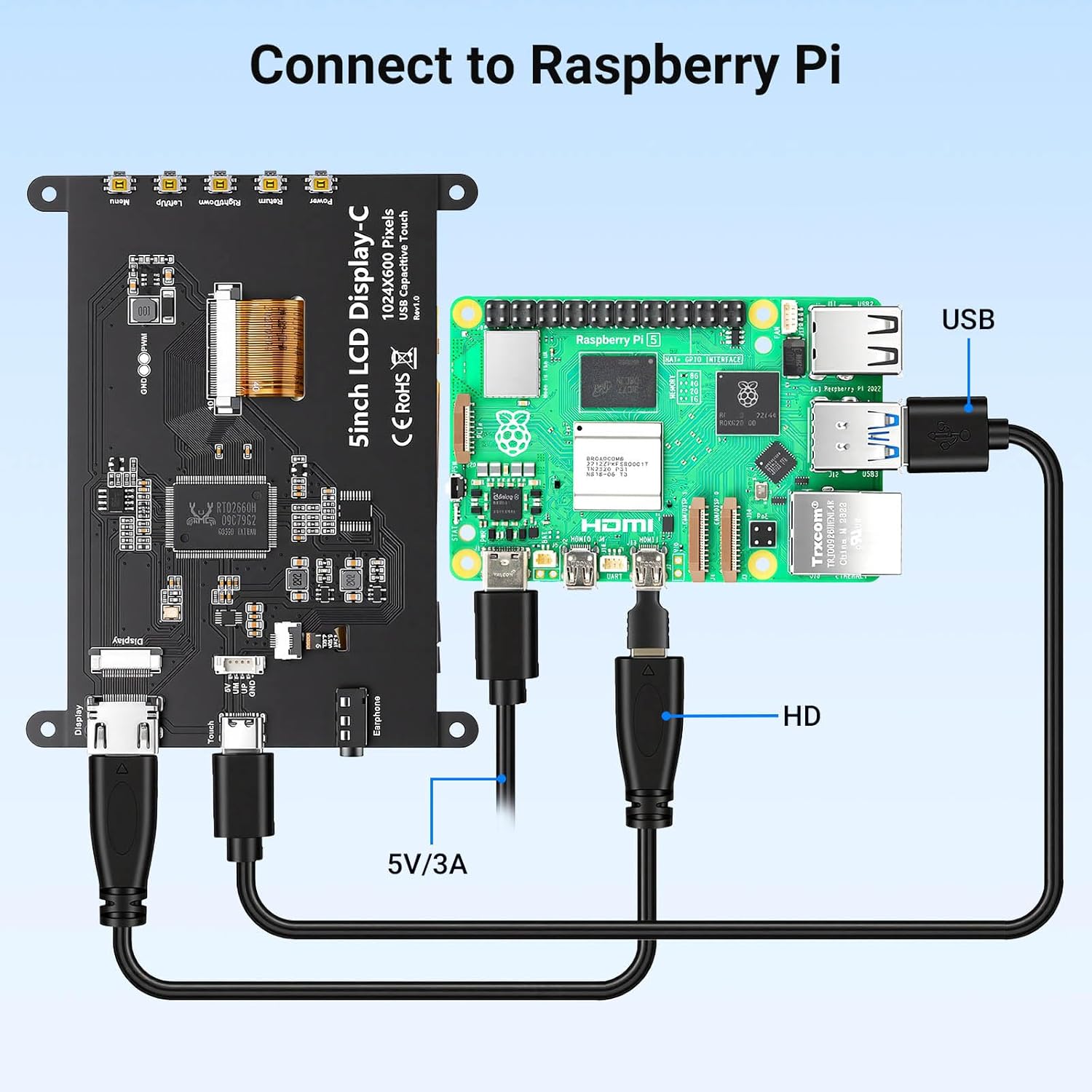 ELECROW 5 Inch Touch Screen Monitor IPS Display, 1024×600 Mini Touchscreen HDMI-Compatible & USB Powered Compatible with Raspberry Pi/BB Black