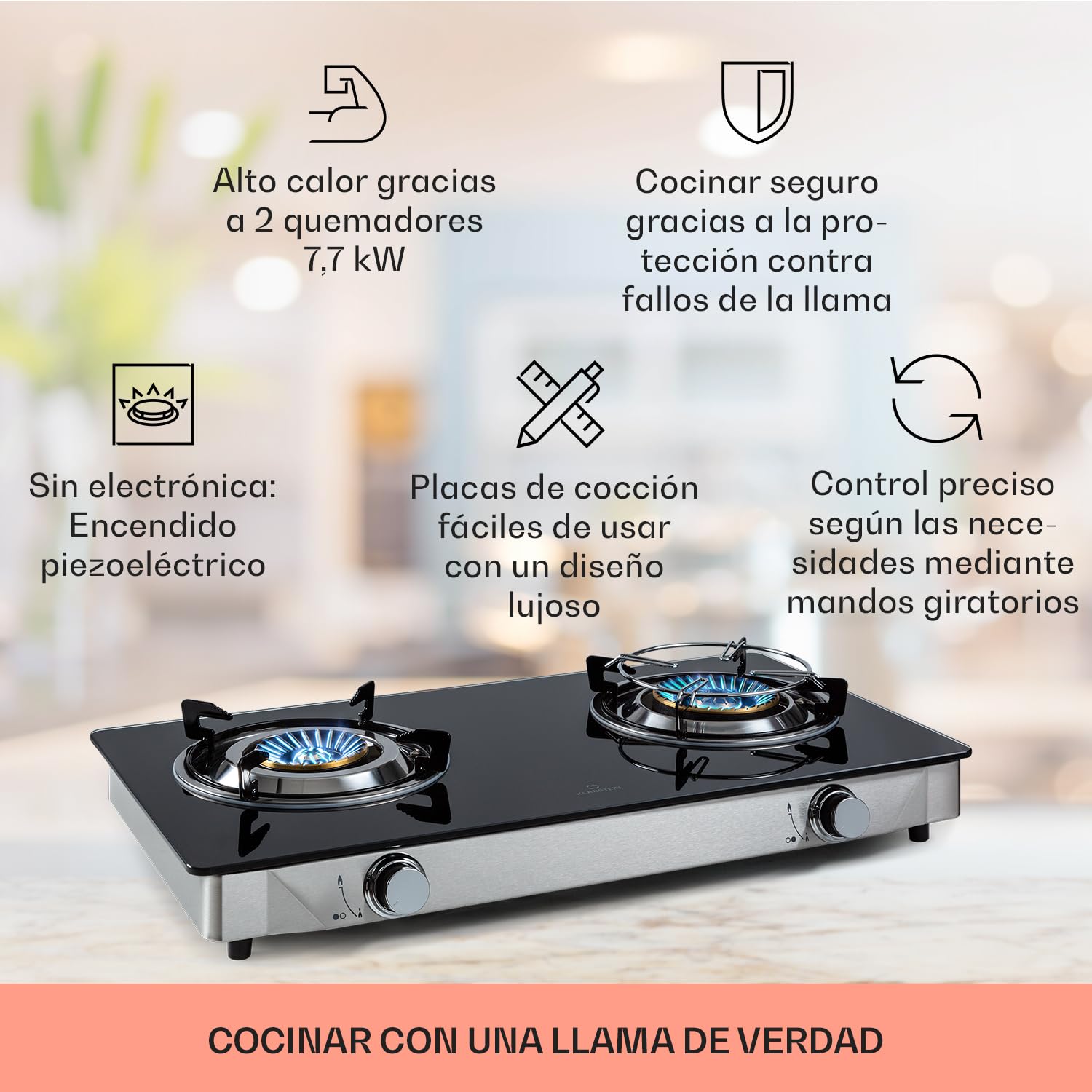 Klarstein Encimera de Gas Portátil Con 2 Quemadores - Placa de 7.7KW Para - Quemador Wok de Acero Inoxidable - Ideal Para Camping