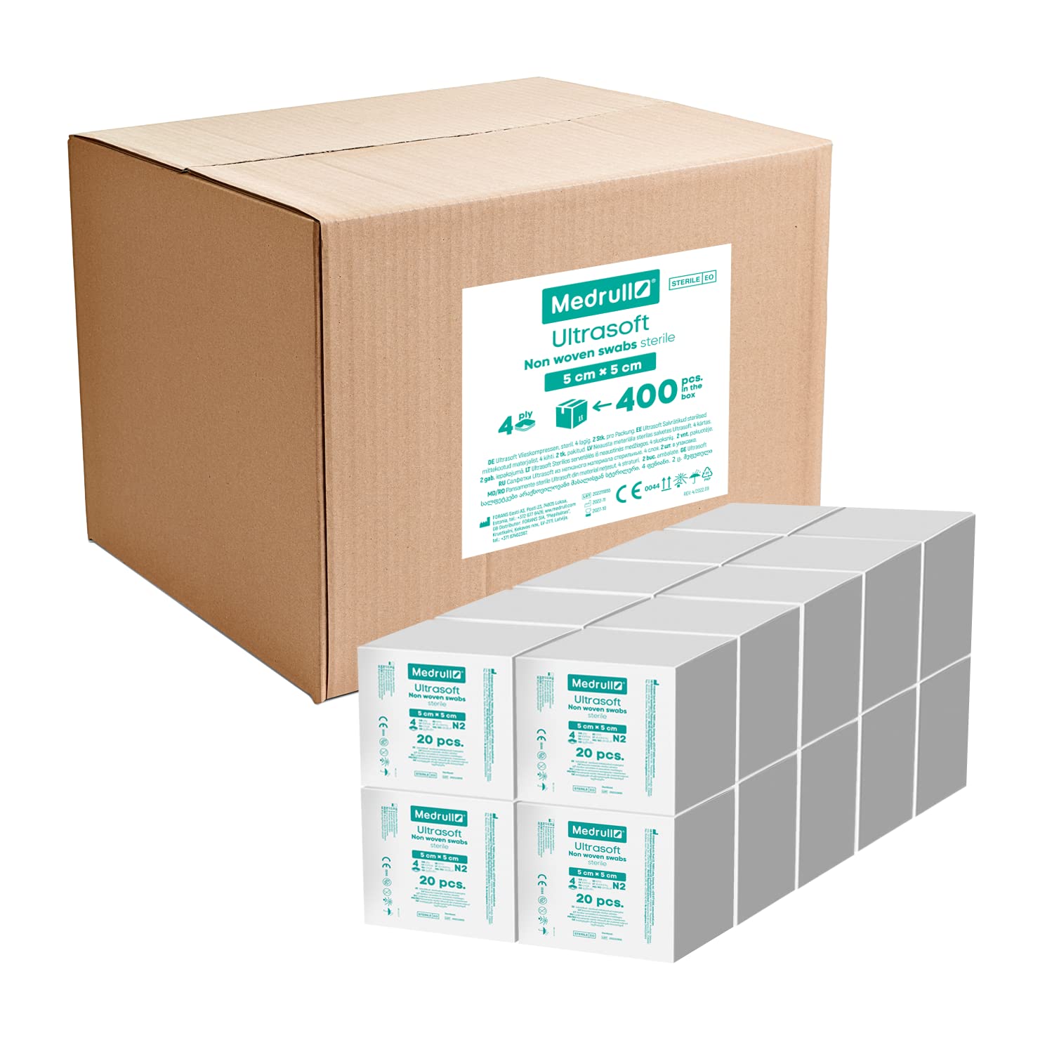 Medrull 5 x 5 cm compresas estériles no tejidas (800 unidades) 20 cajas ultrasuaves de 4 capas – Embalado 2 unidades x 20 bolsas de papel (40 unidades) x 20 cajas