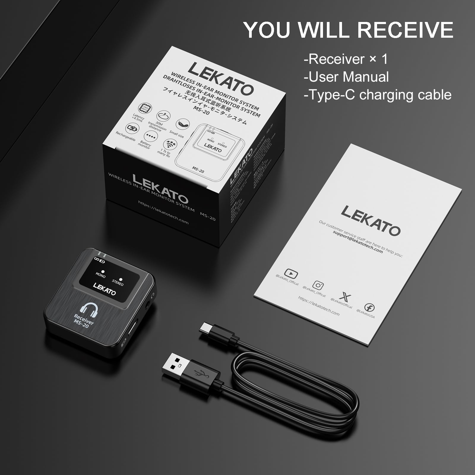 LEKATO Sistema di monitoraggio in-ear wireless, sistema IEM stereo professionale 2,4 G, ricevitore di ricezione per studio, prove di banda, piccoli concerti (1RX