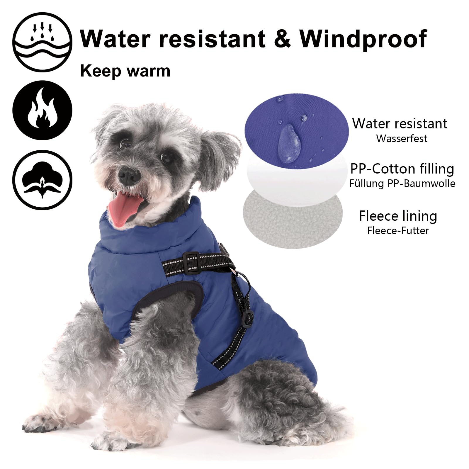Aywoja Cappotto Cane Invernale, caldo, cappotto per cani con pettorina, impermeabile, lavabile in lavatrice, con strisce riflettenti, resistente anello a D