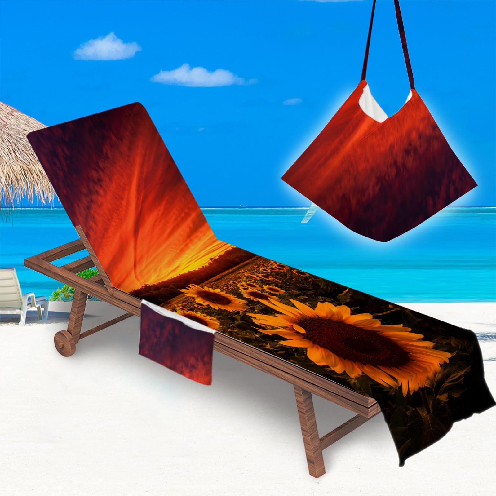 Sun Lounger Beach Towel with Pockets, Sunflower Pattern Beach Lounger Towel Beach Chair Cover Towel Fitted Microfiber Sunbed Towel Sun Lounger Towels for Summer Vacation (Sunset)