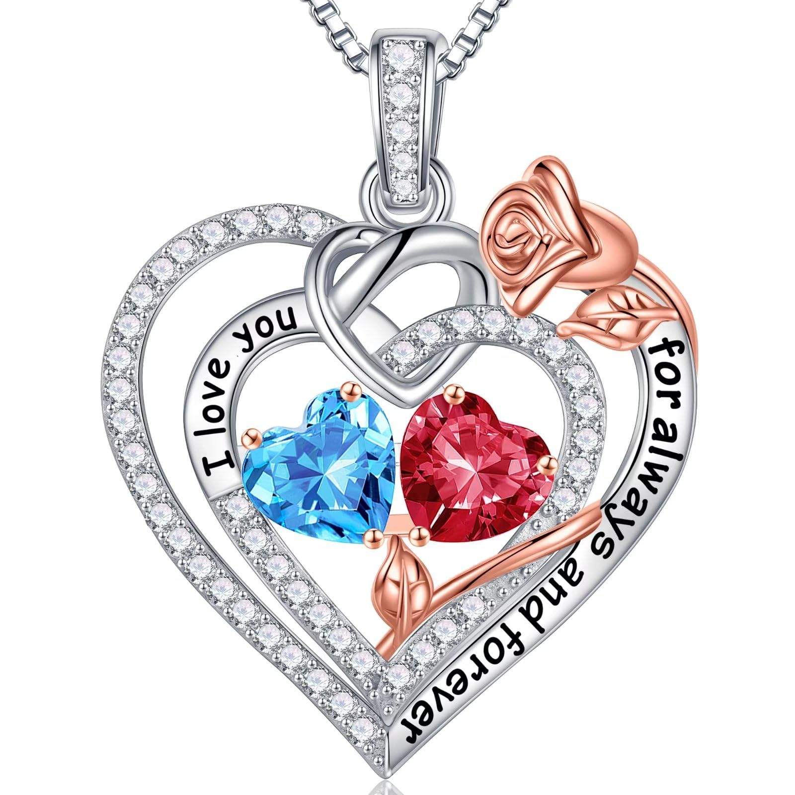 Iefil Rose Heart Necklace Gifts for Wife Women - 925 Sterling Silver Double Birthstone Necklace, Anniversary Birthday Gifts for Women, Jewelry Gift for Wife Girlfriend Mom Her
