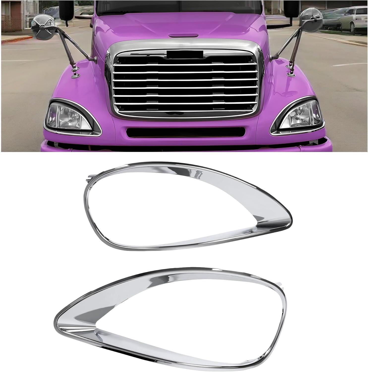 KUAFU Pair Headlight Bezel Compatible with 2001-2017 Freightliner Columbia Replacement for 0632242002 0632242003 Headlamp Trim Driver & Passenger Side Silver Chrome ABS Plastic 2Pcs