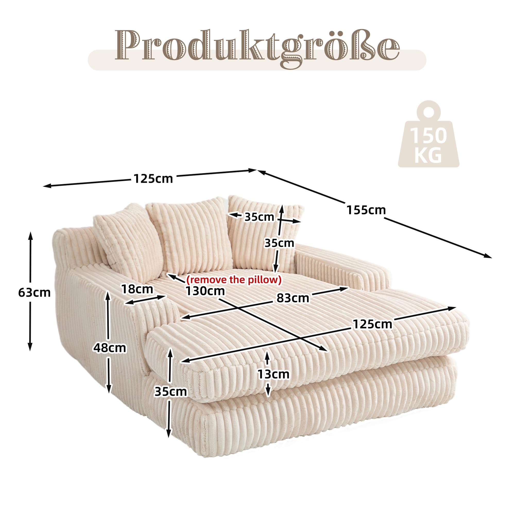 ZYLOYAL10 Cord-Schlafsofa Cloud Couch mit 3 weichen Kissen, bequemes Einzelsitz-Bodensofa für Wohnzimmer Wohnung Büro (Beige)