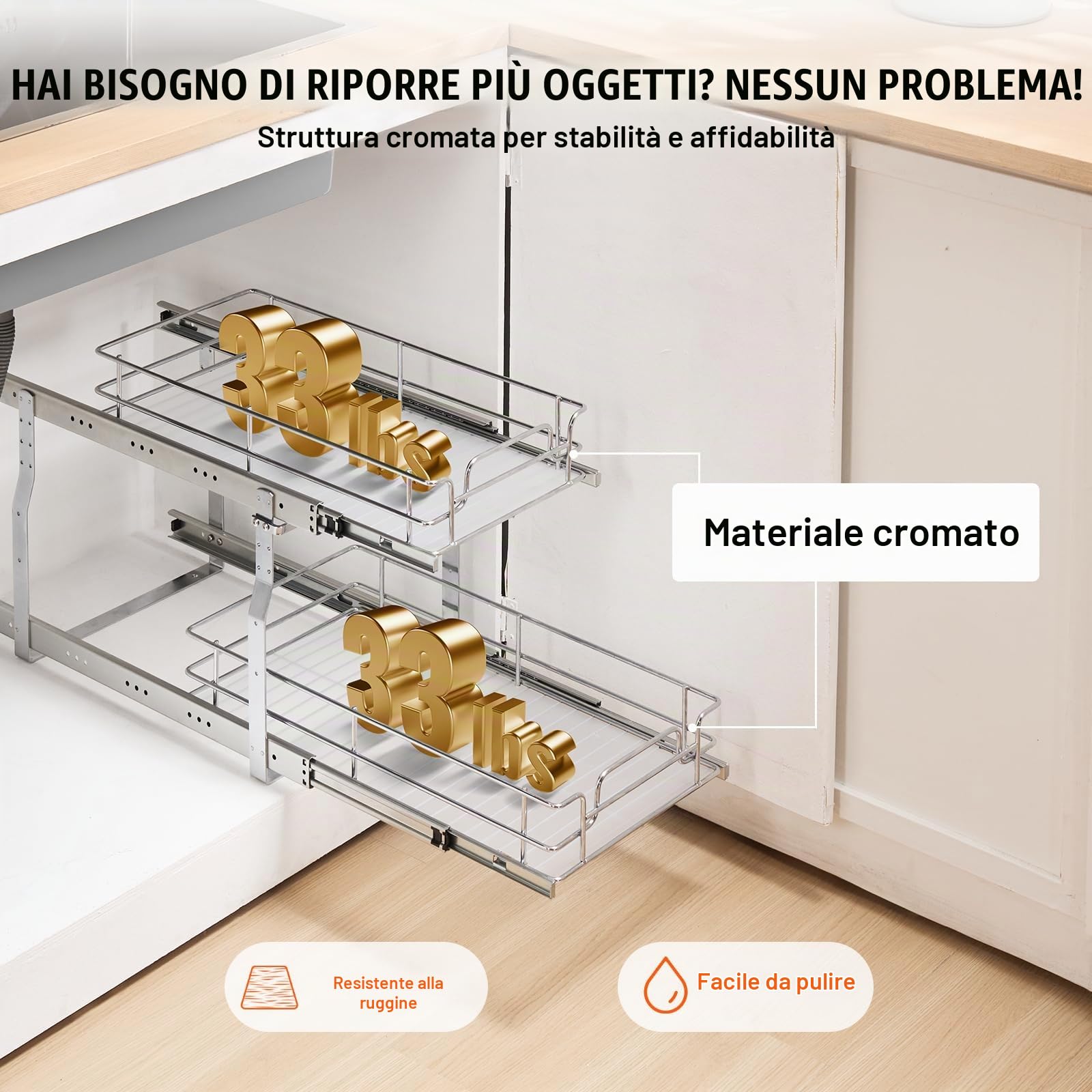 VEVOR Organizer Estensibile per Armadio 305 x 533 x 385 mm, Ripiani Estraibili per Carichi Pesanti, Cassetti Estraibili in Acciaio Cromato, Cassetto per Armadio Cucina Domestico Bagno Sotto Lavandino