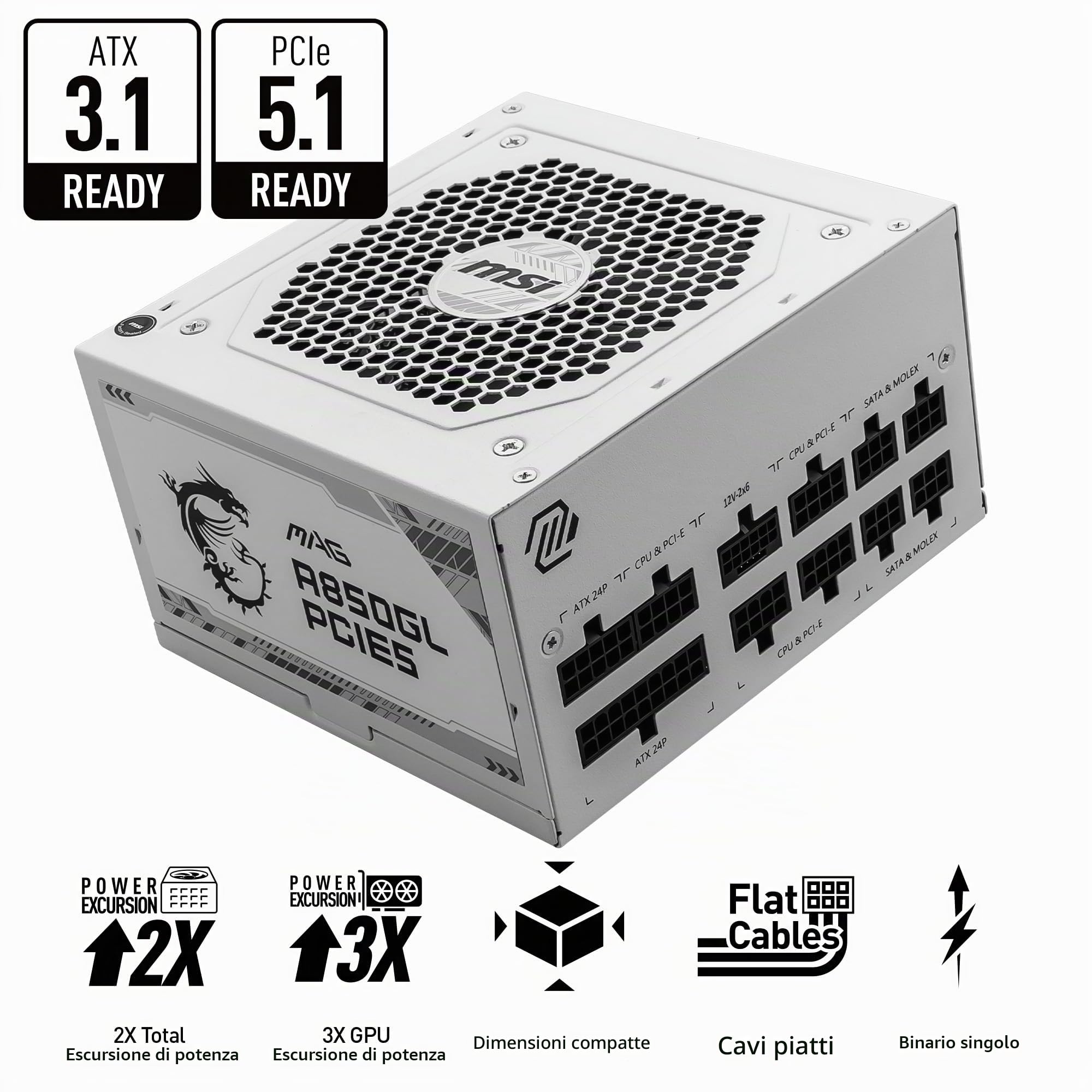 MSI Alimentatore da gioco Mag 850GL PCIE 5 Bianco - Full Modular - 80 Plus Gold Certificato 850W - Dimensioni compatte - ATX PSU