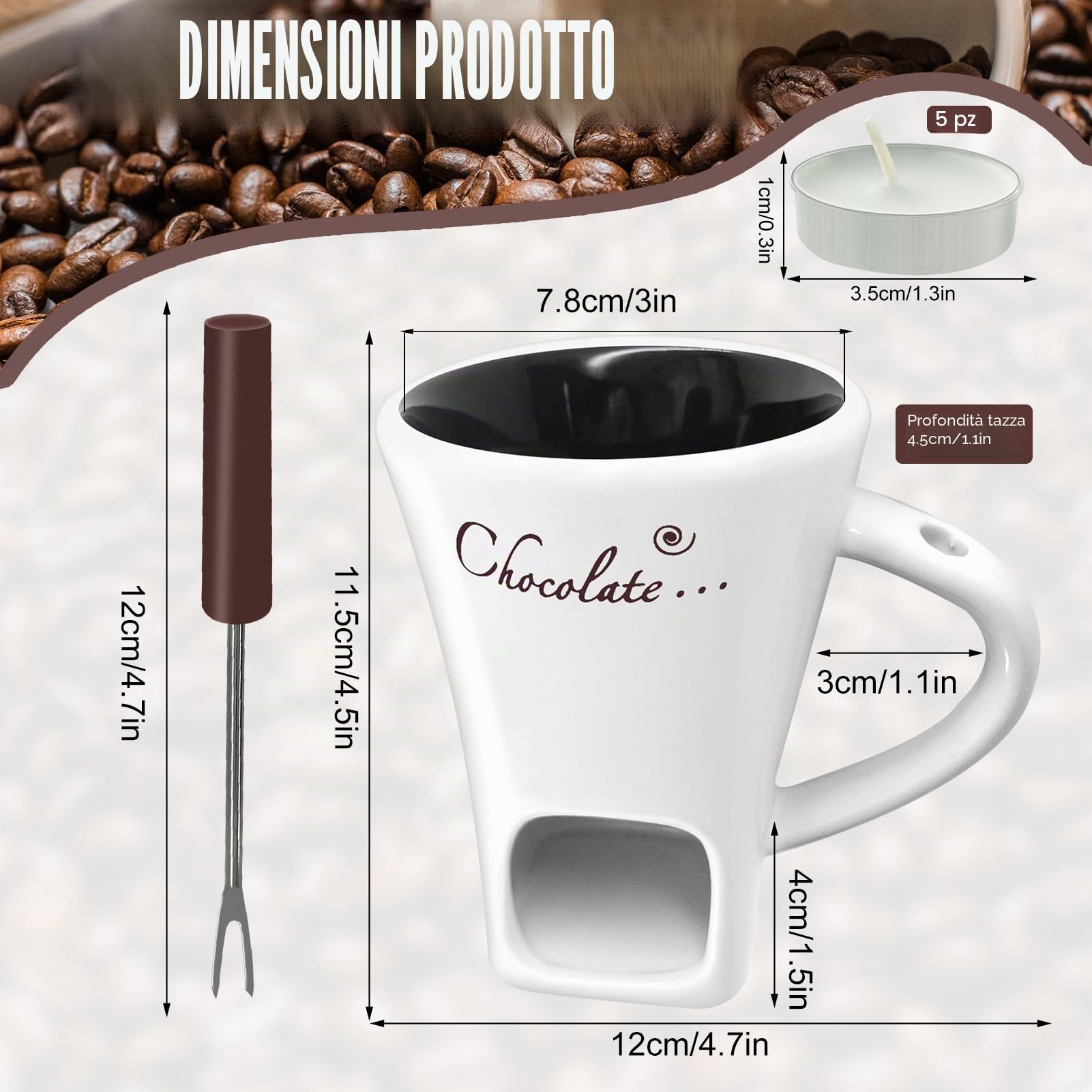 Dongcill - Set per fonduta di cioccolato in tazza, 200ml, Set di bicchieri per fonduta di cioccolato in ceramica, con forchetta e candela