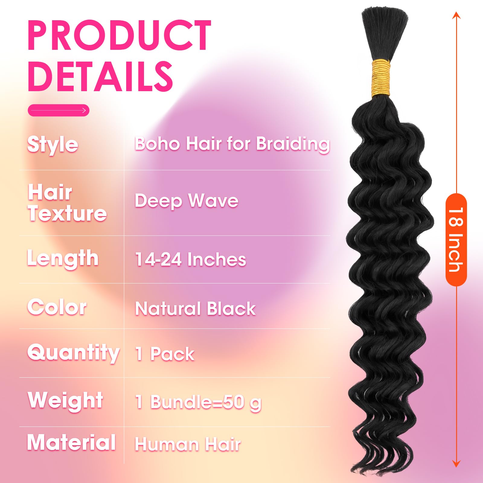 Silk-co Boho Braids Extension Capelli Veri No Weft Bulk Tessitura Matassa Ricci Deep Wave 45cm 50g/pack #1B Nero Naturale