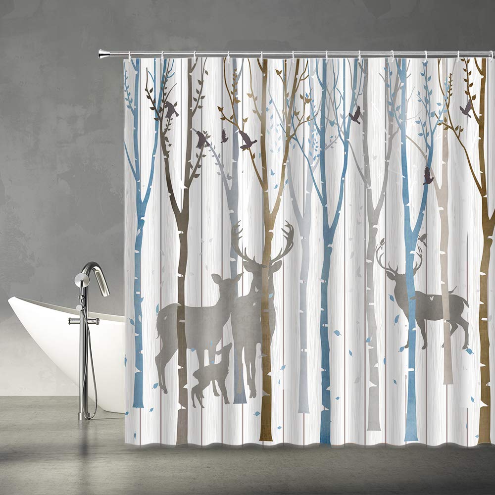 Birch Tree Shower Curtain Abstract Birch Forest Vintage Hand Painted Woodland Deer Birds Safari Rustic Outdoor Theme Farmhouse Tan Blue Fabric Bathroom Decor Set with Hooks,(70" WX70 H)