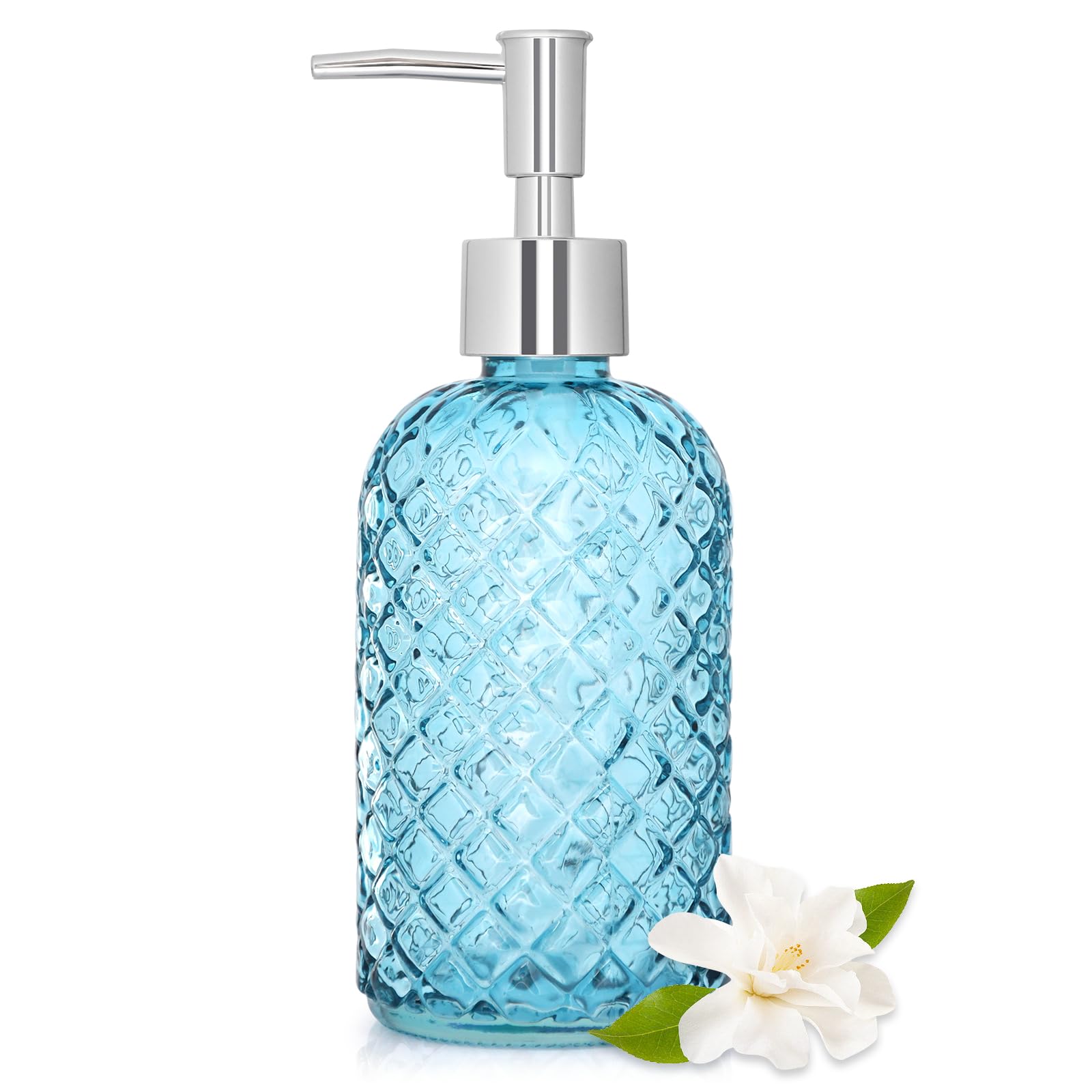 450ml Glass Soap Dispenser with Rustproof Plastic Pump – Diamond Cut Design, Refillable Liquid Hand Soap Dispenser for Bathroom, Countertop, Kitchen Sink, and Countertop Decor（Blue）