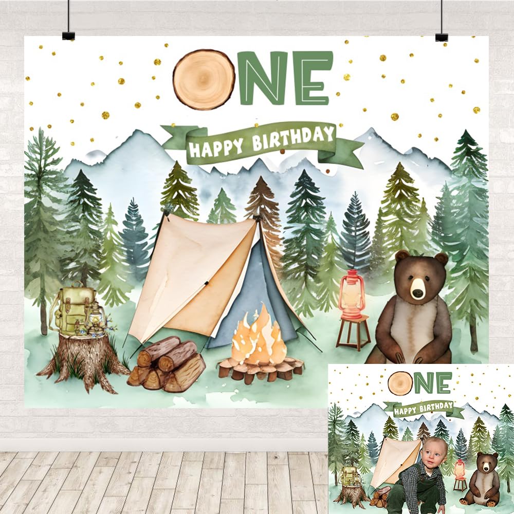 One Happy Camper Backdrop Forest Camping 1st Birthday Boy's Adventure First Birthday Party Mountain Tent Campfire Bear Adventure Camping Theme Decorations Banner Photo Shoot Props 10x8ft