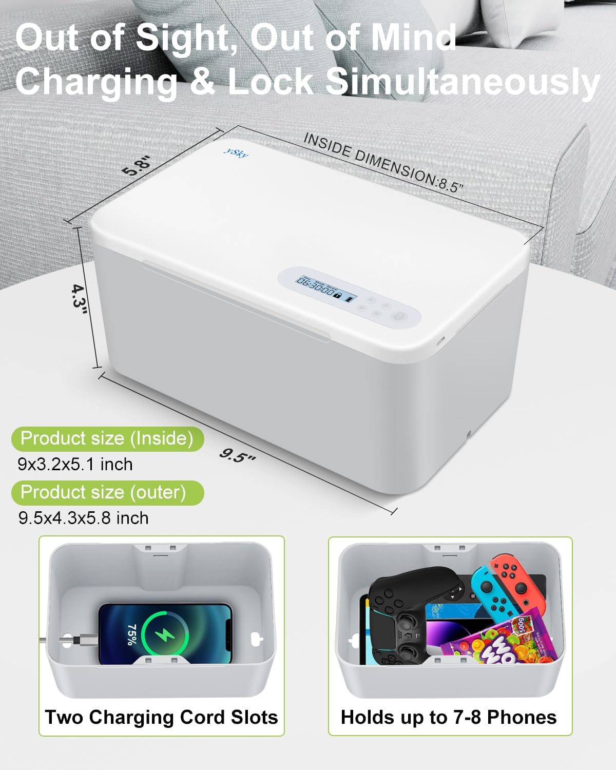 ySky Phone Lock Box with Timer,Safe Timed Lock Box Unplug from Phones,Video Games,Social Media,Snacks&Cravings,SelfControl Lock Storage Box for 8.5 inch iPad,cellphone Locker Time Lock Box (Gray)