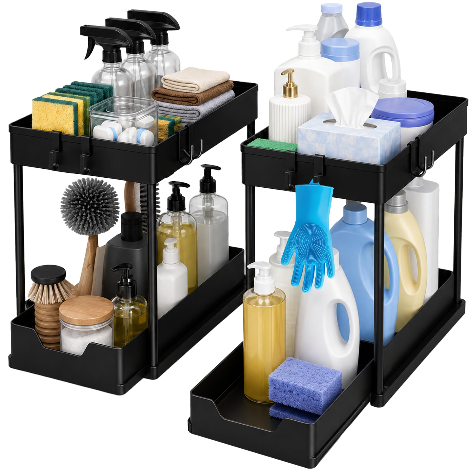 MahirSource 2 Pack Under Sink Storage Organizer with Pull Out Drawers, Hooks & Free Kitchen Gloves – 2 Tier Cabinet Shelf Rack for Kitchen Bathroom Cleaning Supplies Organization