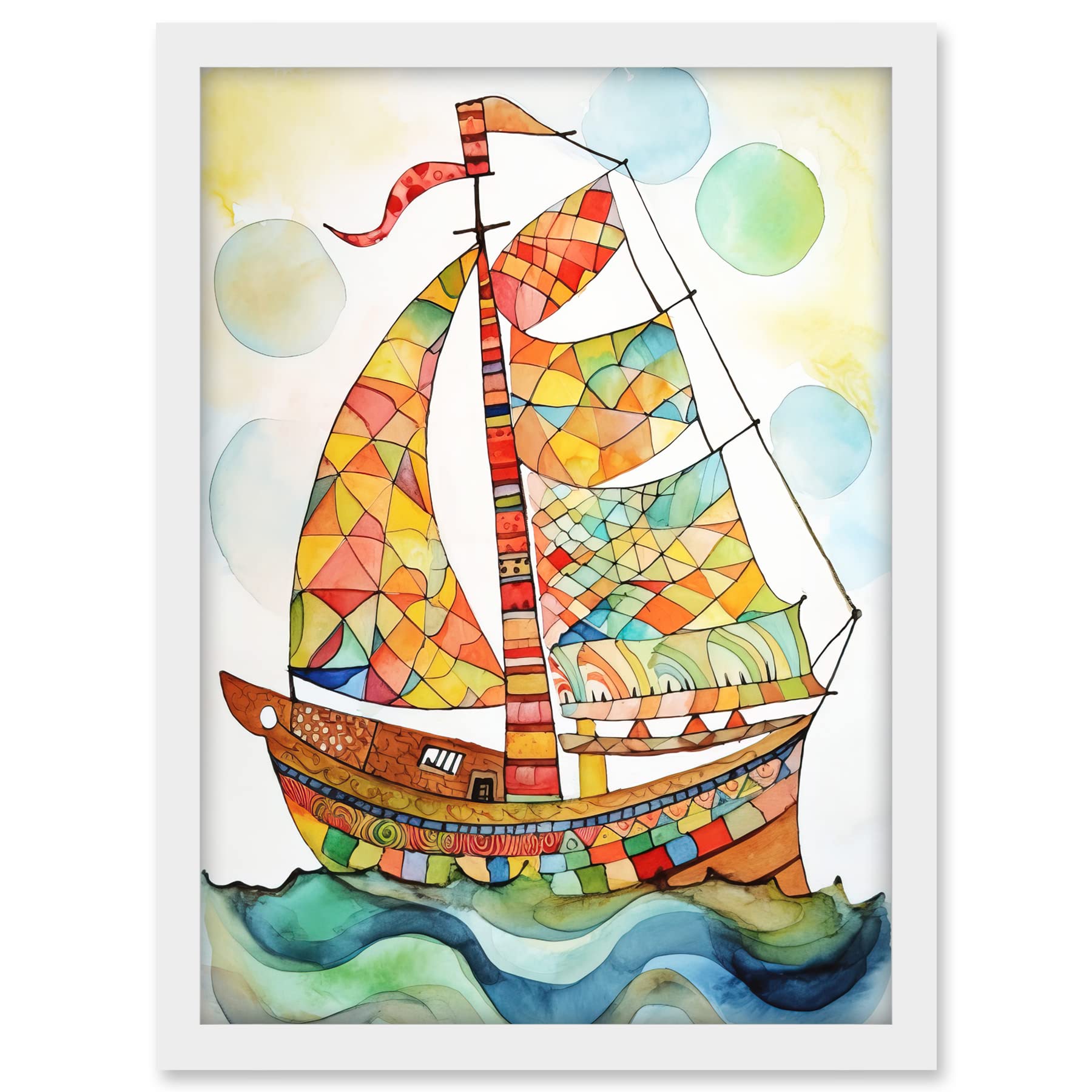 Artery8 Sailing Ship At Sunrise Folk Art Artwork Framed A3 Wall Art Print