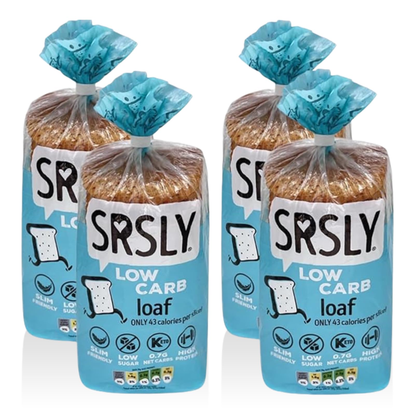 SRSLY Low Carb Keto Bread - Only 0.7g Carbs & 43 Kcals Per Slice - Freshly Baked Light & Fluffy – Sugarwise Certified Low Sugar Bread - High Protein High Fibre - 1 Sliced Loaf - Pack of 4