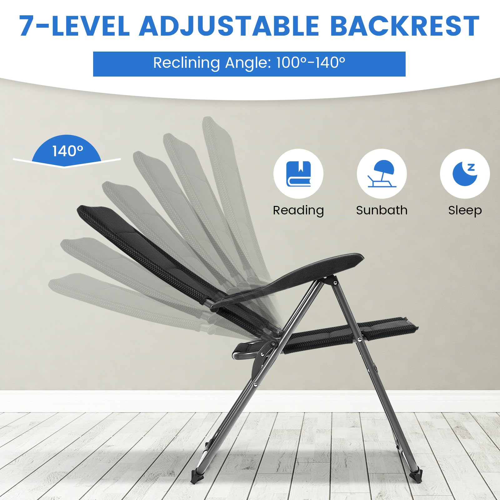 KOMFOTTEU Juego de 2 Sillas de Jardín Plegables, Sillas Acolchadas de Tela con Respaldo Reclinable de 7 Posiciones y Marco de Metal, Sillones de Camping para Piscina, Porche, Patio, Carga de 150 kg
