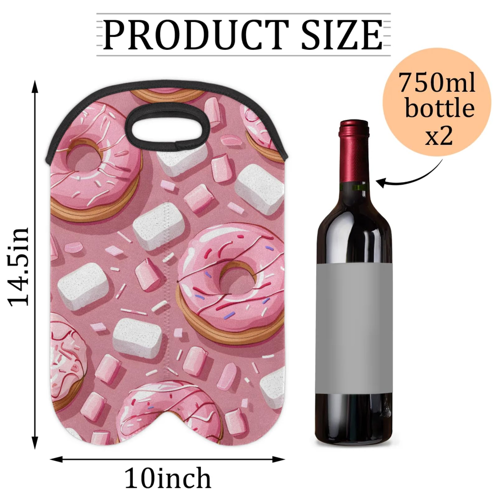 GzLeyigou 2 Bottles Food Donuts Wine Bag Sleeve Totes Neoprene Protective Wine Carrier Bag for Wine,Water, Champagne, Beer, Baby Bottles,Gift 14.5 x 10 Inches