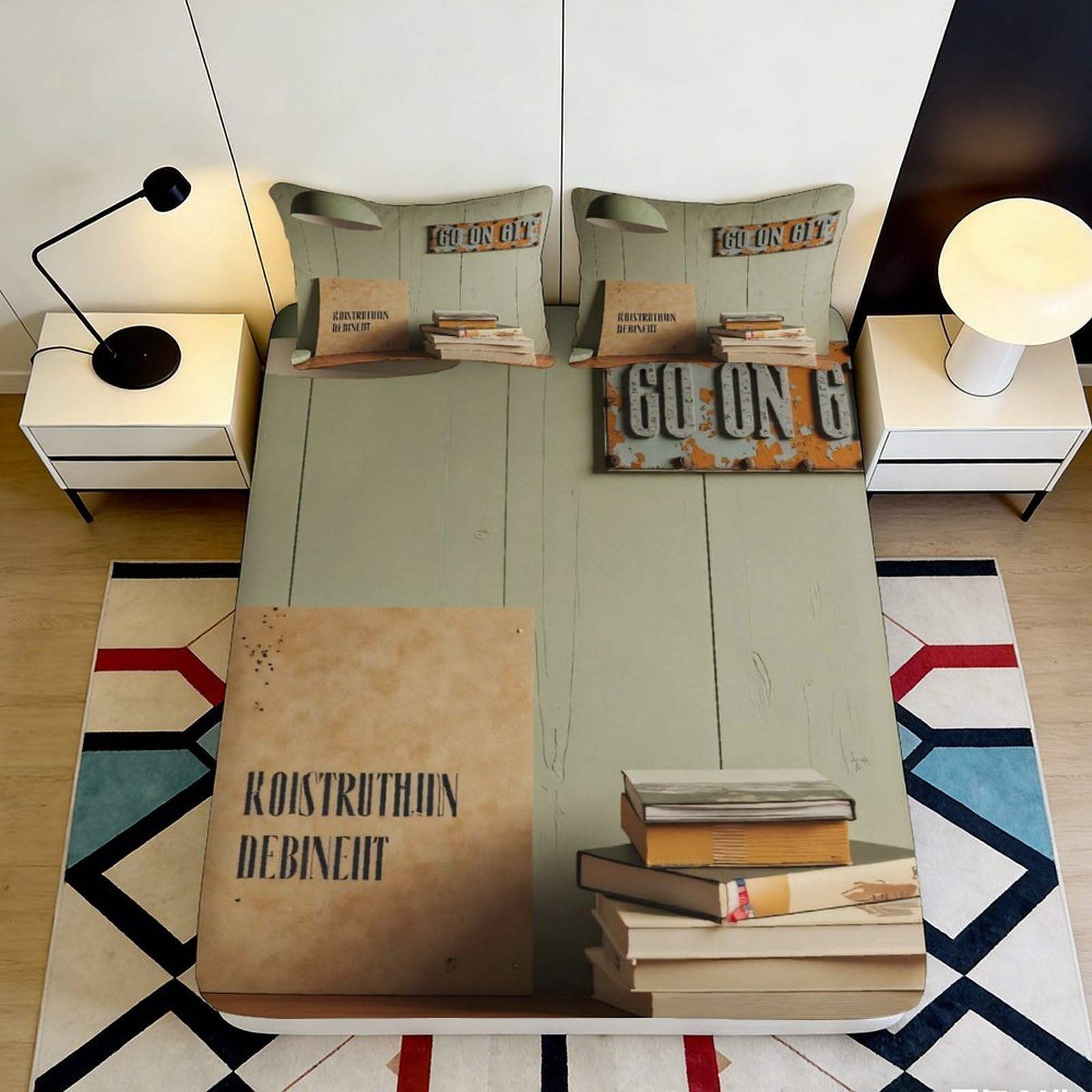 3D Printed Book Stack Fitted Sheet Microfiber Soft Literary Quote Mattress Cover for Bedroom Dorm Easy Care Decor 90x200x25cm