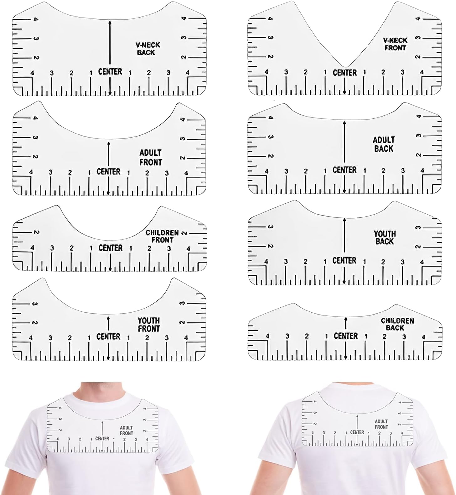 T-Shirt Ruler Guide, 8 Pack T-Shirt Alignment Tool with Clothing Size Chart Set Transparent PVC Heat Press Alignment Tool Measurement Ruler for Sewing Dressmaking Dress Pattern Design DIY Clothing