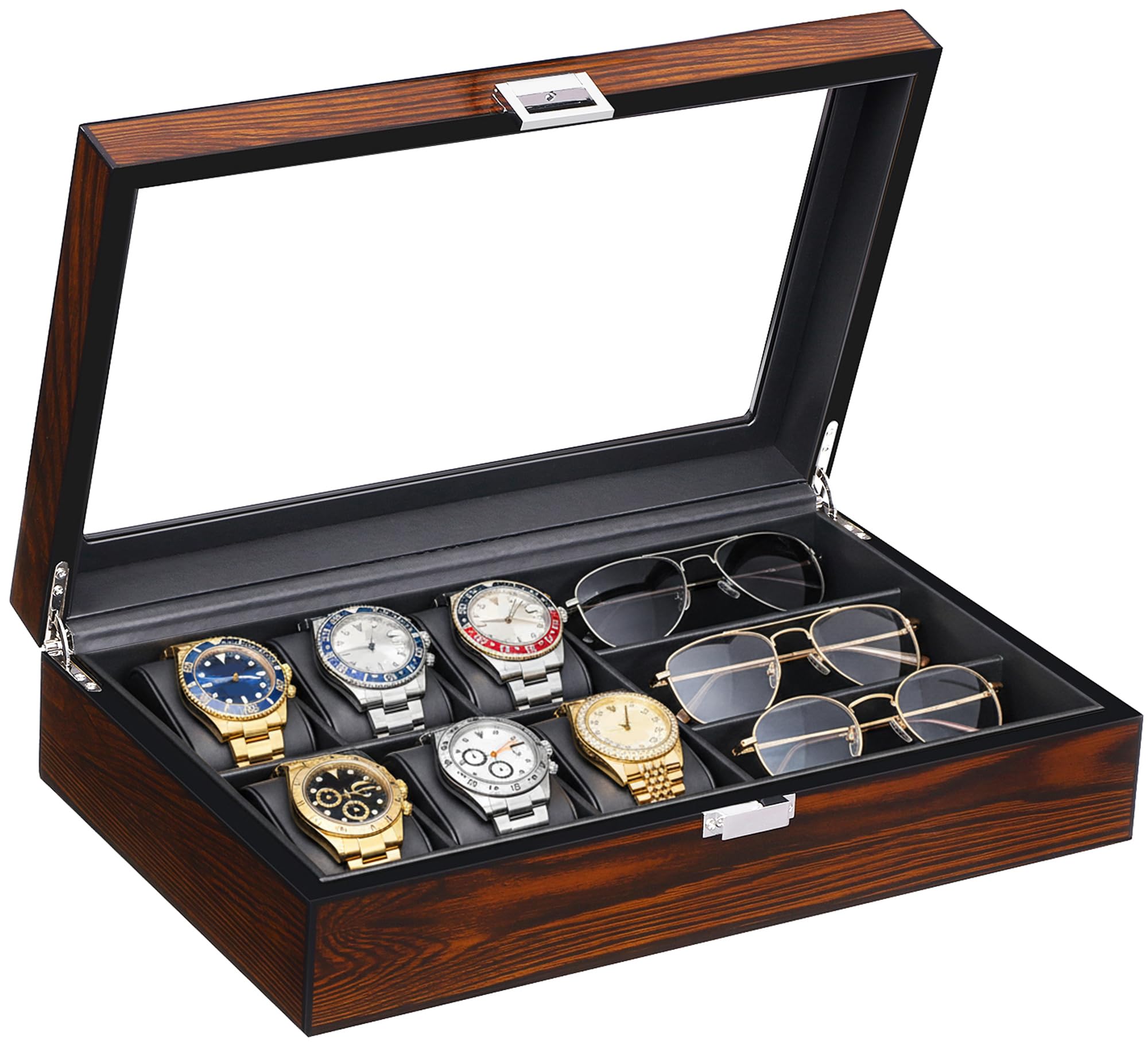 BEWISHOME 6-Slot Watch Box, 3 Mens Jewelry Box, Watch Box Organizer for Men Watch Case with Glass Lid Watch Travel Case Removable Watch Pillows, Watch Display Case, Watch Storage Brown SSH15Y