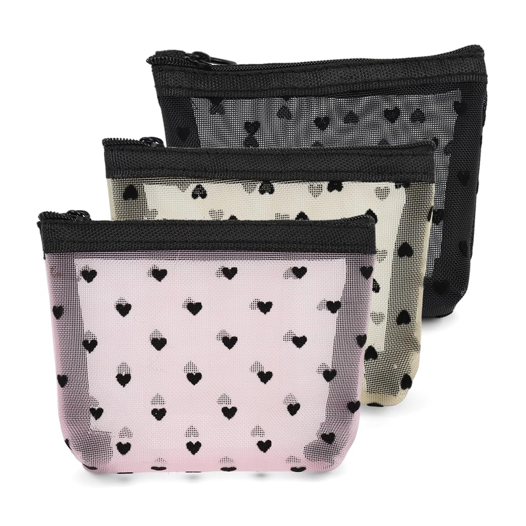 MAYCREATE® 3Pcs Small Pouches for Women, Mini Mesh Lipstick Makeup Pouch, Zipper Coin Pouch Purse, Heart Prints Small Pouch Cosmetic Bags, See-Through Accessories Storage Organizer, 12x9cm-image-24