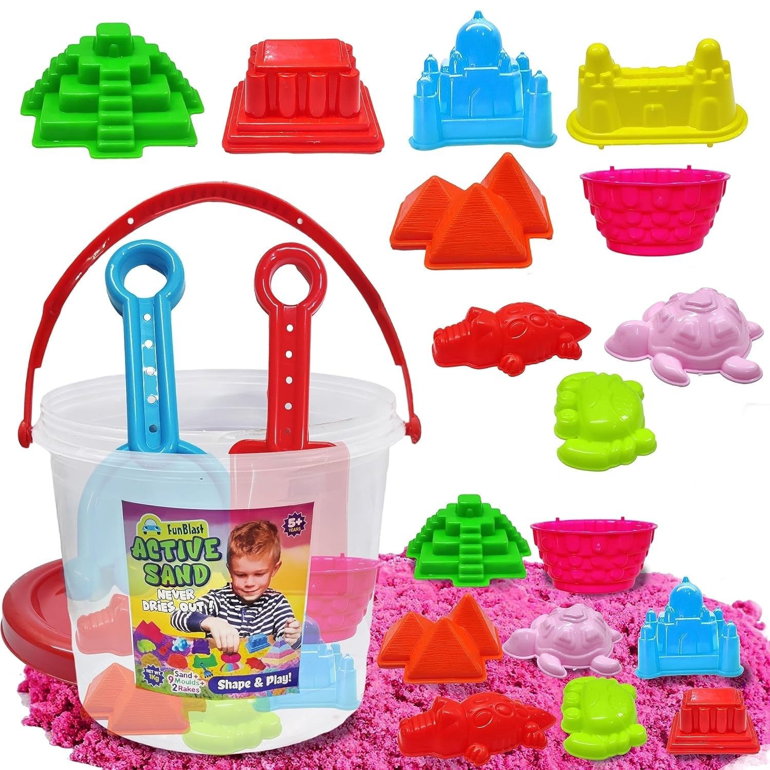 FunFive Kinetic Sand and Mould for Kids - Sand Clay Kit for Kids Activity Toys, Soft Sand Clay & Moulds Toys for Kids, Boys, Girls – Sand - Approx. 1 Kg & Beach Toys - 9 PCS (Pink) (B0CK8F8PNR) Amazon Price History, Amazon Price Tracker