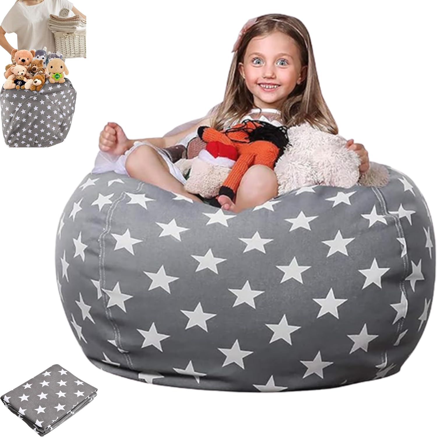 Bolsa Almacenamiento Juguetes Felpa, Lona Bolsa De Frijoles Rellenable, Niños Beanbag Sofá Con Cremallera, Puffs Plegable Para Niños, Puf de Peluche, para Organizar Juguetes, Ropa (24 Pulgadas) (24)