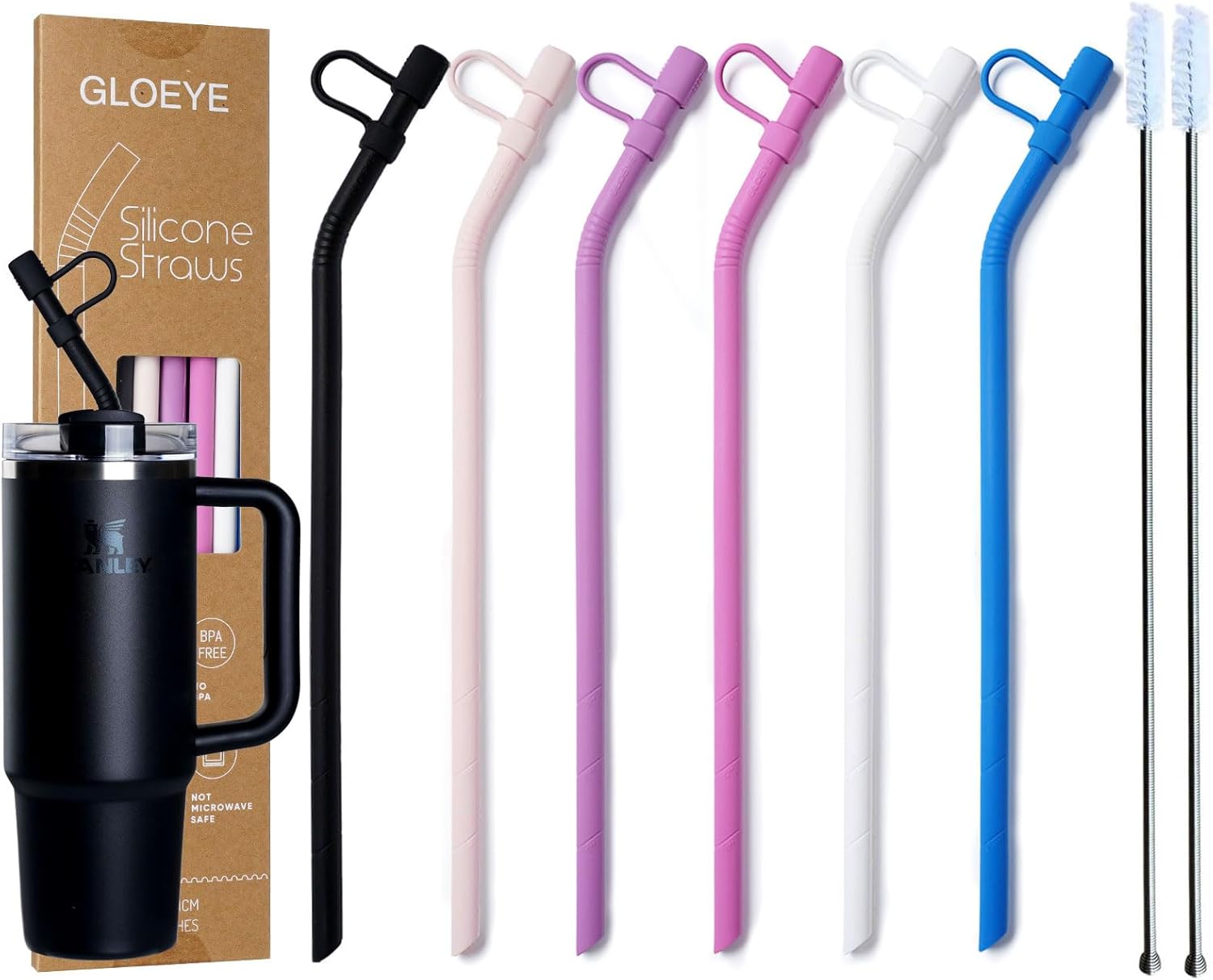 12" Extra Long Silicone Replacement Straw With Cover for Stanley Owala 30/32/40 oz Cup/Tumbler, 6 Pack Reusable Flexible Bent Drinking Straw with Removable Cap/Topper,Stanley Cup Accessories