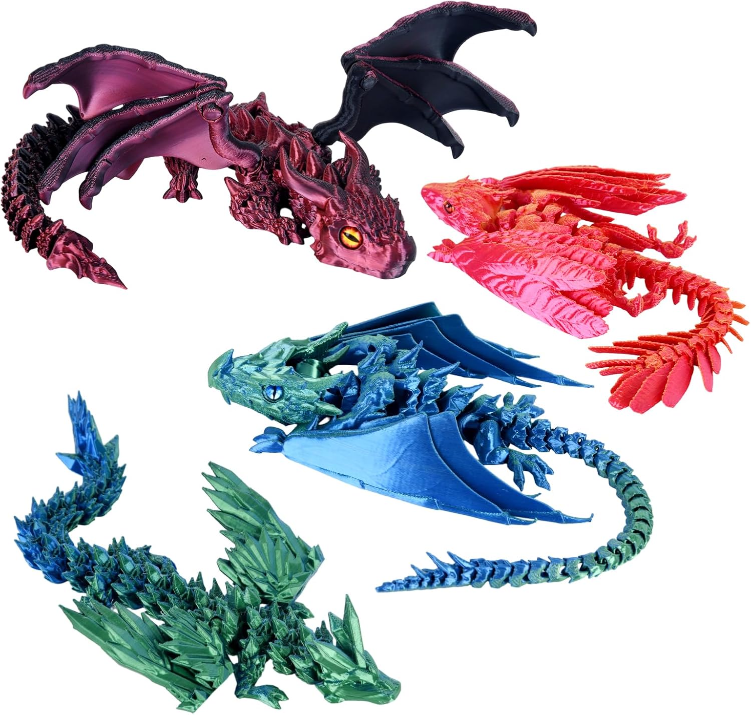 4PCS 12 Inch 3D Printed Dragons, Feathered Wyvern Figure with Wings, Dragon Desk Decor, Collectible Toy for Dragon Lovers(Mixed Colors-D)