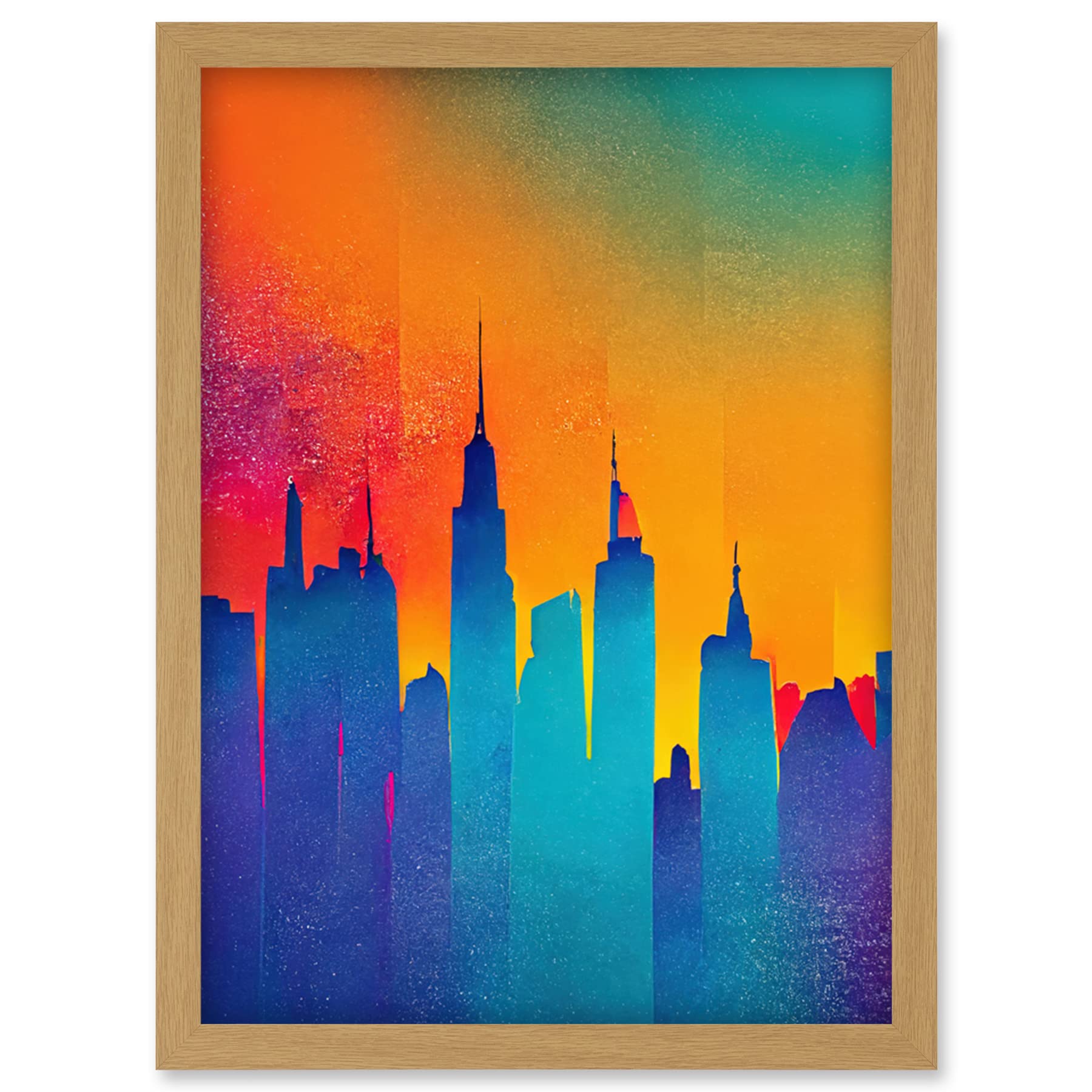 Wee Blue Coo Modern Abstract Warm Bright Colourful New York Sunset Skyline Artwork Framed Wall Art Print A4