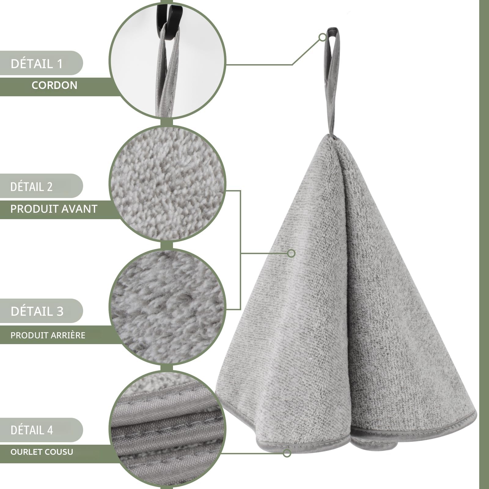 VIVOTE Lot de 2 Torchons Mains Cuisine Anneaux Essuie-Mains Salle de Bain Doux Absorbants Séchage Rapide Fibre Carbone Suspendre Cordon Gris 50x50 cm