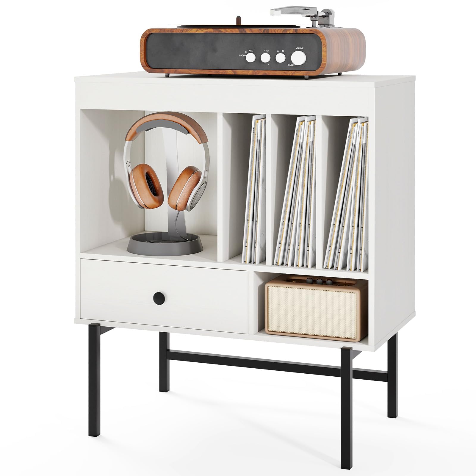 FANTASK Support pour Tourne-Disque en Bois, Armoire de Rangement en Vinyle avec Compartiments Ouverts, tiroir et Porte-Album, Armoire d'appoint Moderne pour Salon et Salle de Musique, 70 x 36 x 80 cm