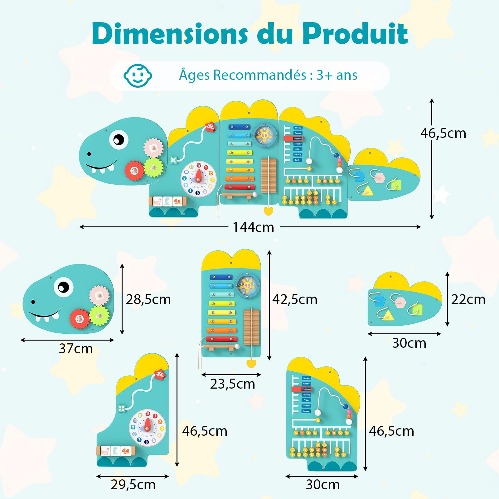 COSTWAY Busy Board Montessori en Forme Dinosaure avec 11 Jeux Sensoriel, Planche Tableau Activité Murale avec Xylophone & Horloge, Parcours Motricité Bébé pour Salle de Jeux, Crèche (Dinosaure Vert)