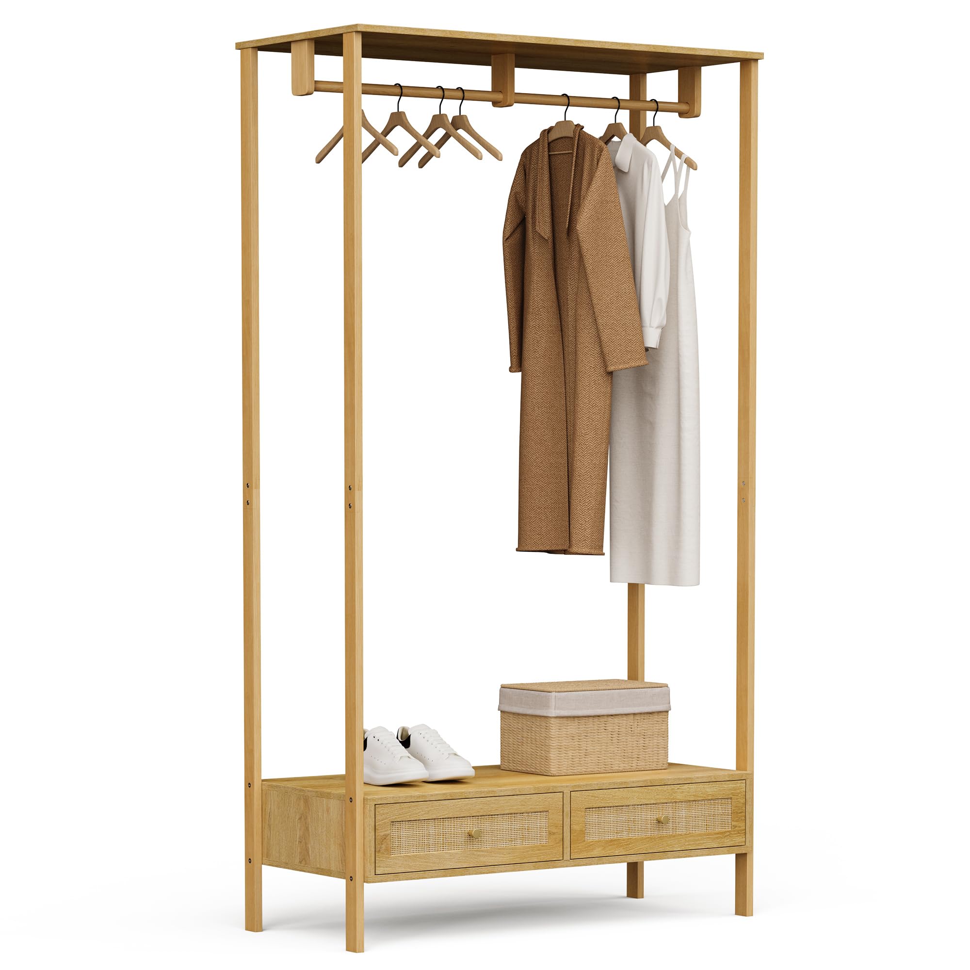 VonHaus Clothes Rail for Bedroom - Scandi Style Open Wardrobe 2 Rattan Fronted Drawers with Metal Handles - Boho Look Coat Stand, Living Room & Hallway, Clothing Rails, Hanging Rails for Clothes