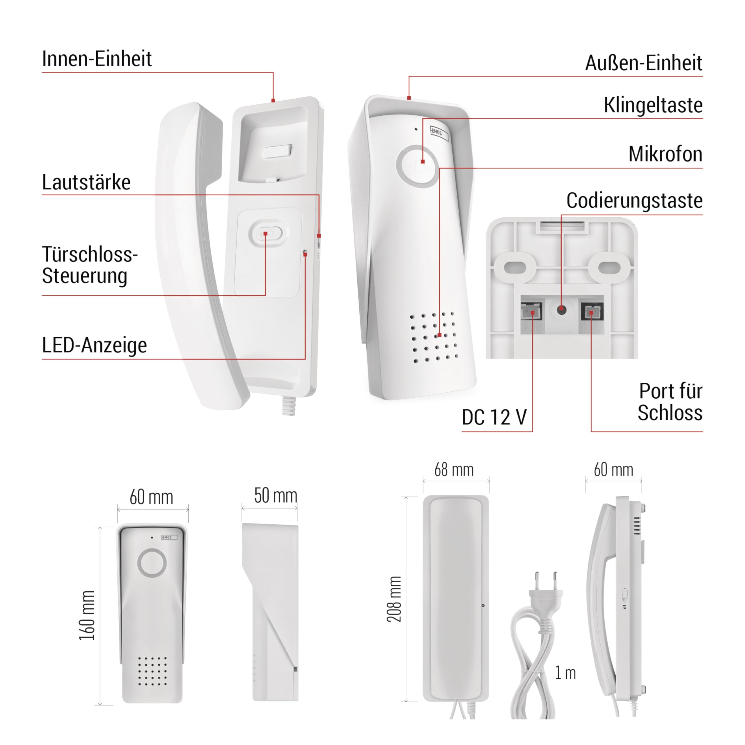 EMOS - Set di citofono audio, wireless - connessione wireless, design elegante - Kit audio/citofono con apertura porta - facile da usare - Connettore di alimentazione (230 V/12 V) - bianco