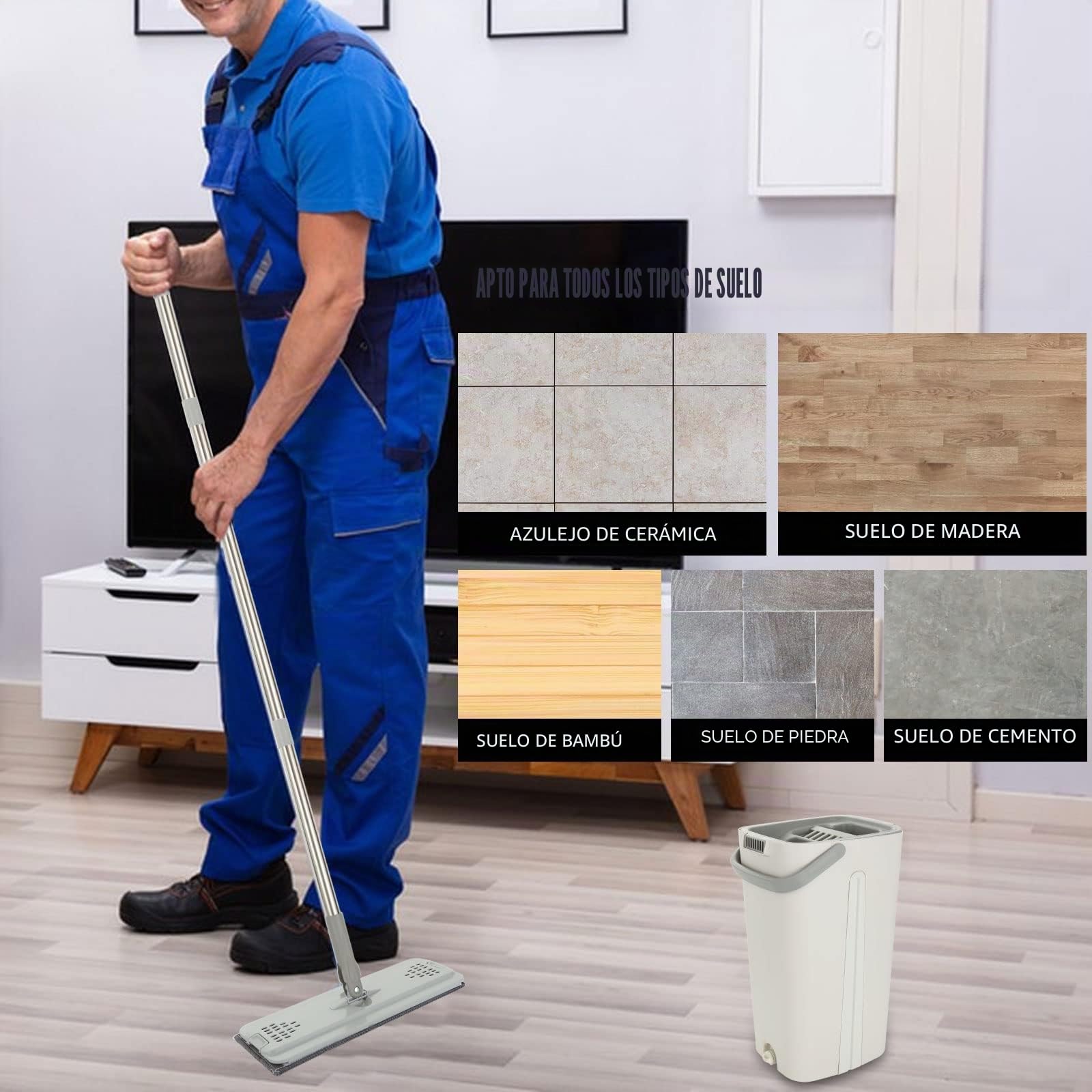 ASelected Juego de fregona Plana y Cubo, mopa Manos Libres con 10 Almohadillas de Microfibra Reutilizables y Mango de Acero Inoxidable de 123 cm de Largo, mopa de Microfibra para Azulejos, mármol,