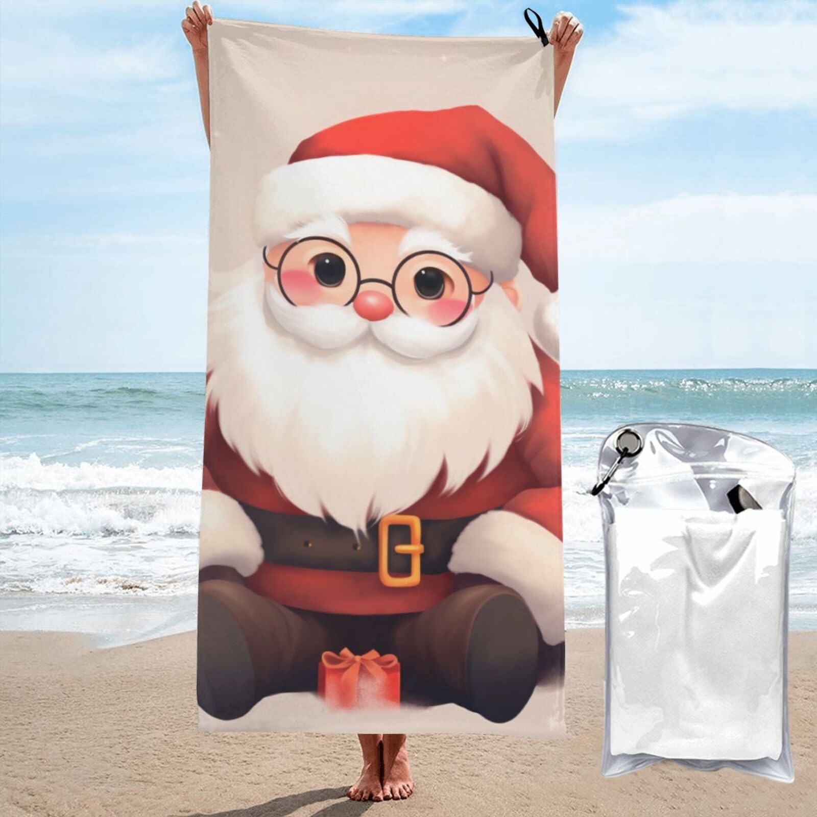 BWWHCCTI Cute Santa Claus cartoon Printed Microfiber Quick Dry Beach Towel 80x160 CM, Fast Drying Bath Towels with Bags for Travel,Camping,Gym,Beach,Swimming,Yoga