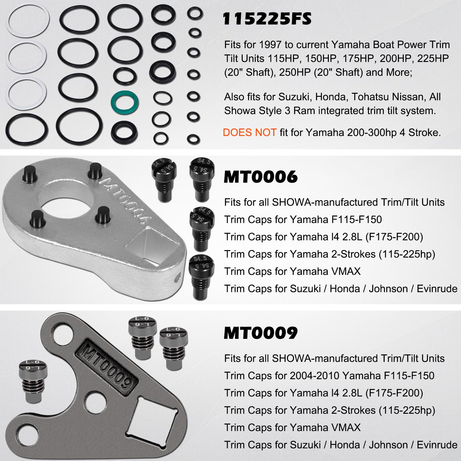 Outboard Trim/Tilt Pin Wrench MT0006-32mm x 4mm with S-4/4.5 Pins & Pin Wrench MT0009-35mm x 6mm with L-6 Pins & Fast Strike Power Trim Tilt Seals Kit 115225FS for Yamaha Honda Evinrude Suzuki Johnson