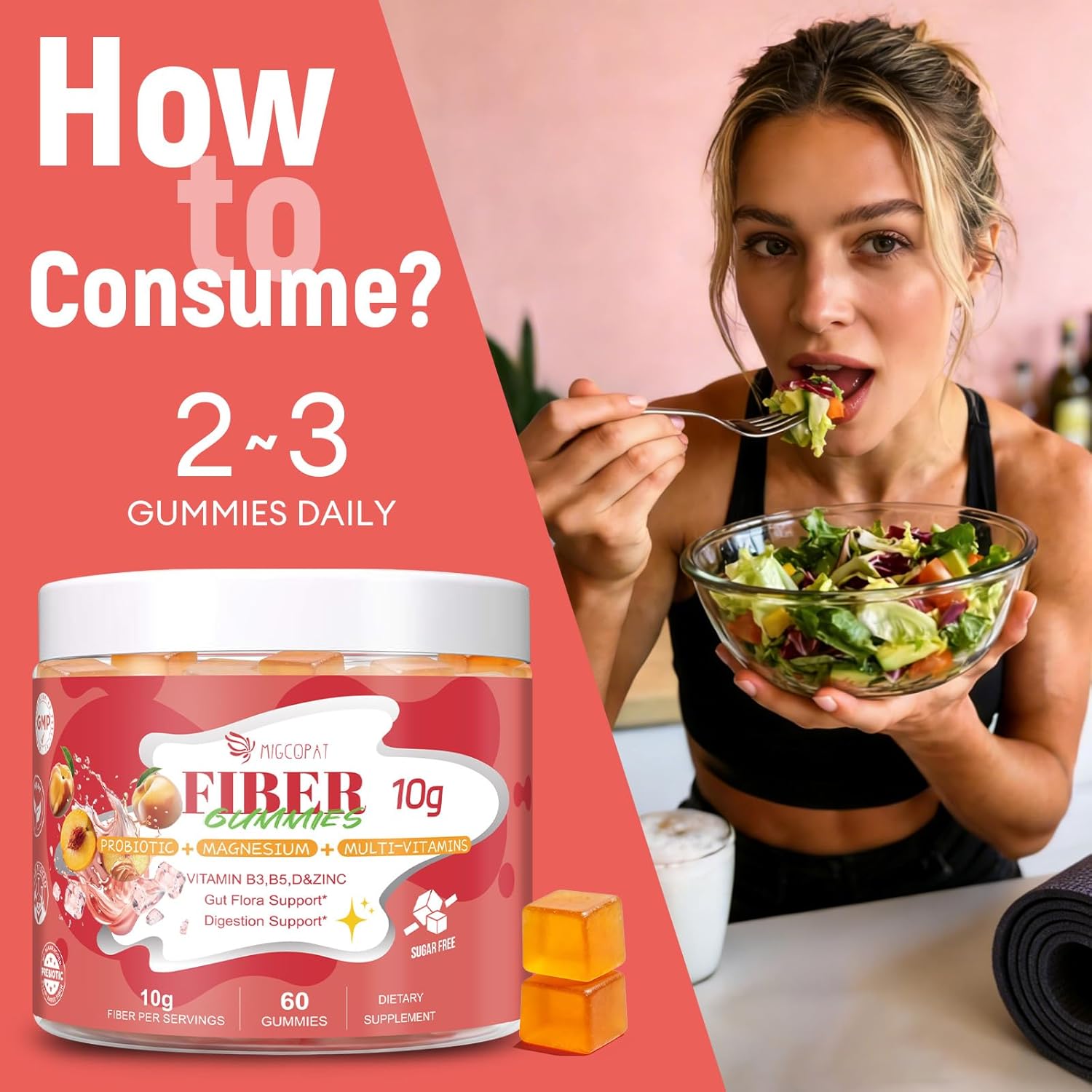 Migcopat 10G Fiber Gummies for Adults with Vitamins C, D, B3, B5 - Digestive & Gut Health Gummies with 30 Billion CFU Probiotics Blend, Inulin, ACV, Magnesium, Zinc, Support Digestive Health, 60 Cts
