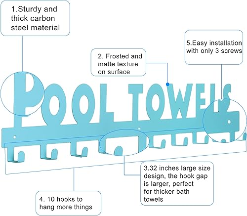 Miniatura 10 de IBosins Toallero de piscina con 8 ganchos, toallero montado en la pared para exteriores o baño, colgador de toallas para colgar albornoces, toallas,
