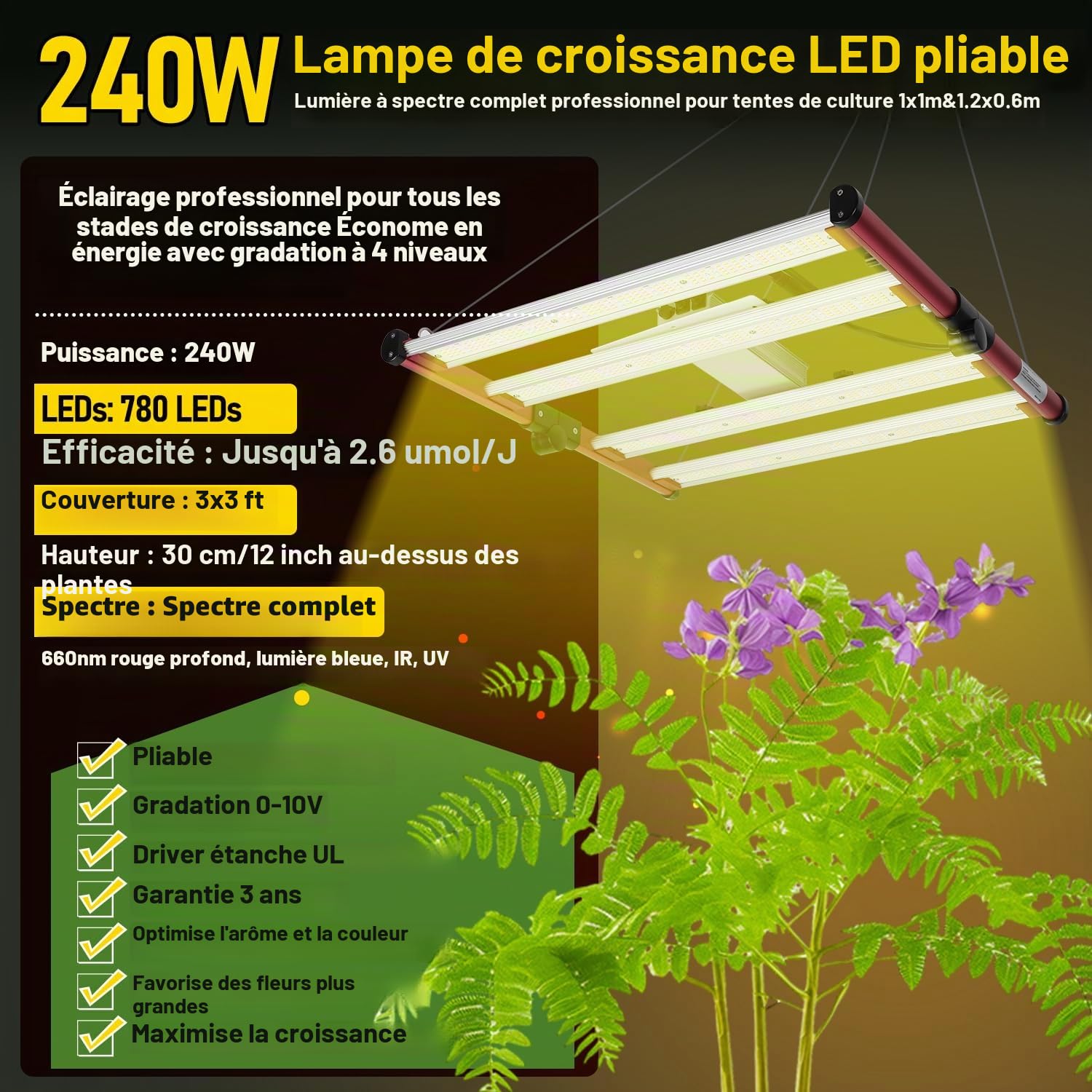 Tente de Culture - Kit Complet - 100 x 100 x 200 cm - Lampe LED Pliable - 240 W - Système de Ventilation à Complet - Tente hydroponique d'intérieur