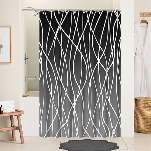 Miniatura 189 de Cortina de ducha pequeña a rayas gris claro degradado para baño, 36 x 72 pulgadas, juego de cortina de ducha geométrica para cabina de RV con Gris