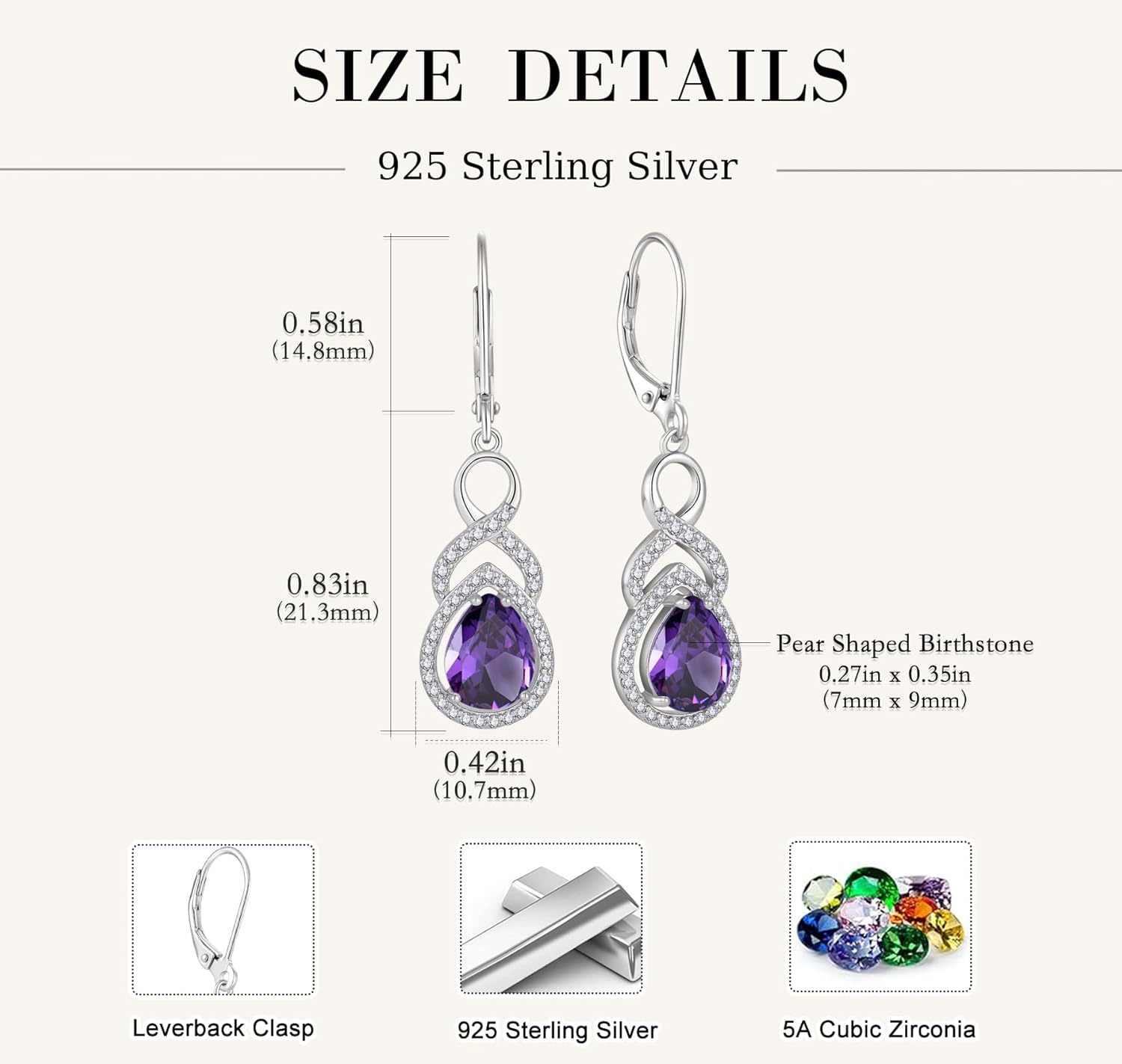 Women Infinity Birthstone Earrings 925 Sterling Silver Dangle Drop Earrings Leverback Earrings 5A Cubic Zirconia Anniversary Mother's Day Birthday Christmas for Her - Image 2