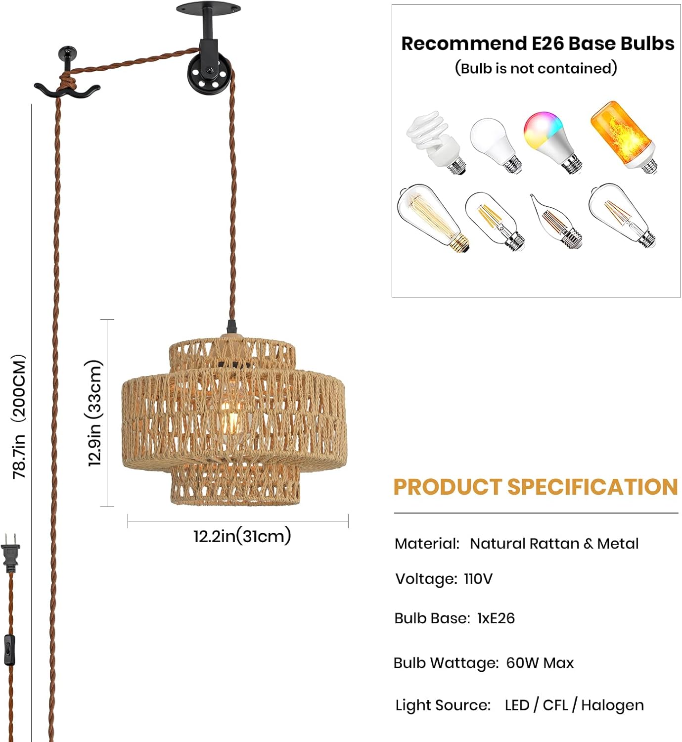 SEEBLEN Rattan Plug in Pendant Light Boho Hanging Lights with Plug in Cord,Farmhouse Pulley Pendant Light with On Off Switch for Bedroom Living Room.