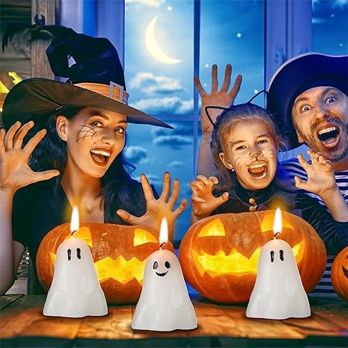 Miniatura 6 de Jutom 20 velas de fantasma de Halloween de 1.6 x 1.8 pulgadas, mini velas blancas de expresión divertida espeluznante para quemar velas a granel,